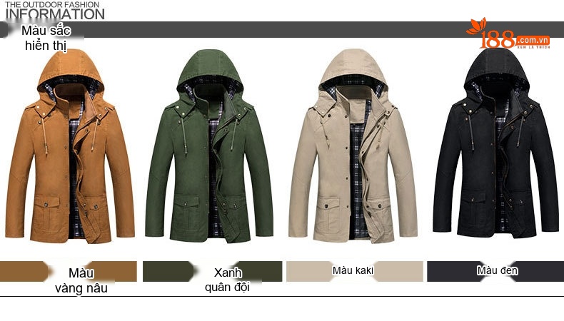 Áo Khoác Kaki Nam Có Mũ Trùm Đầu Cotton Dáng Ôm Màu Xanh Olive, Be, Nâu, Đen chi tiết 6