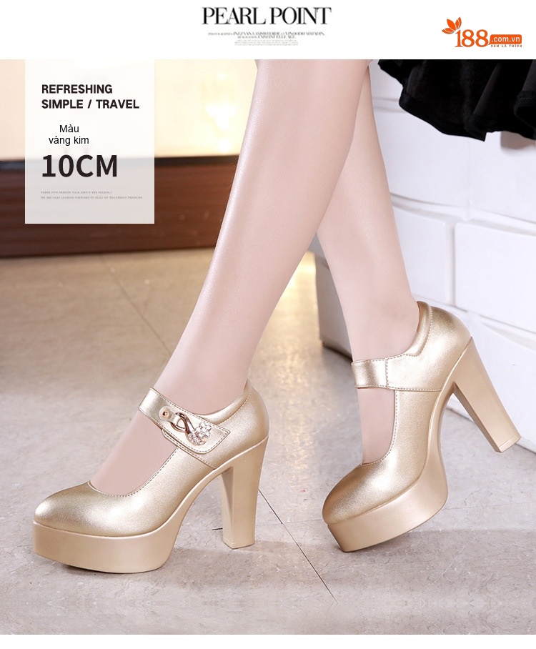 Giày Cao Gót Quai Ngang Bề Mặt Da Bóng Chiều Cao Đế Khoảng 7cm Màu Vàng, Đen, Trắng chi tiết 9