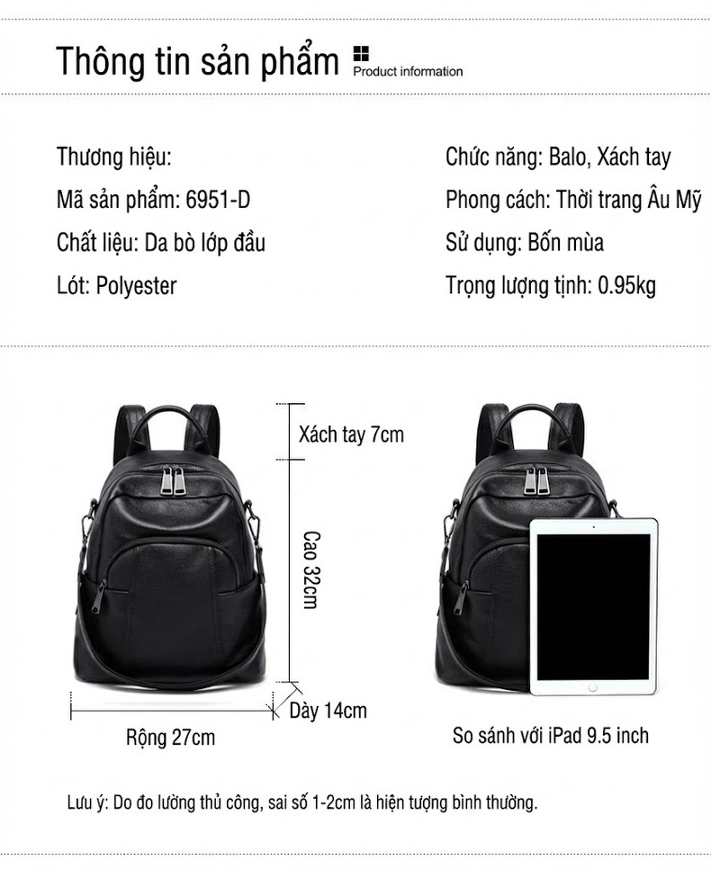 Balo Nữ Da Mềm Thời Trang Phong Cách Châu Âu Màu Đen, Nâu chi tiết 11