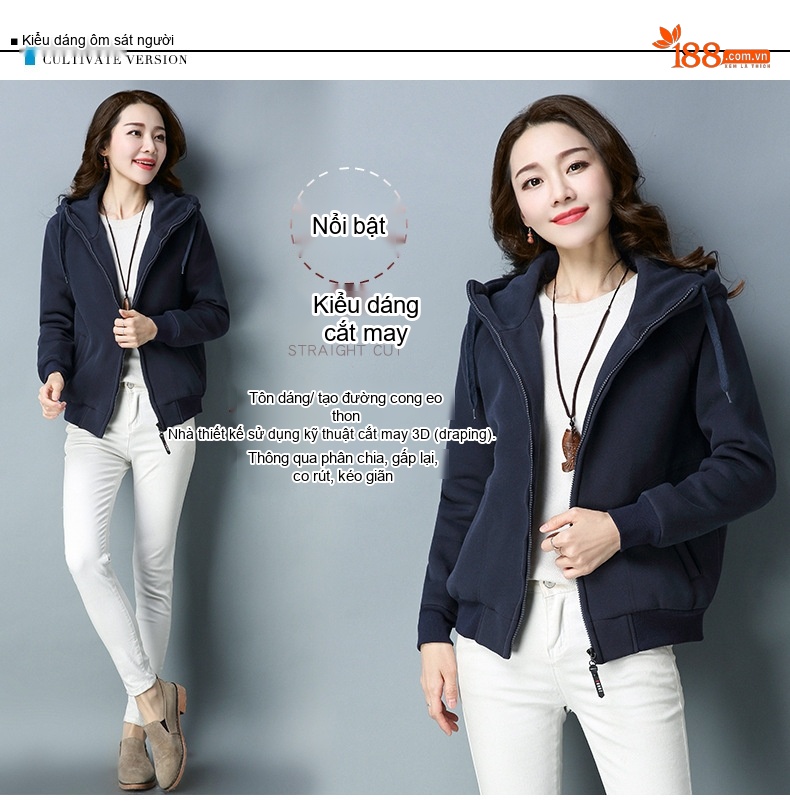 Áo Hoodie Nữ Dáng Rộng Tay Dài Lót Lông Dày Dặn Khóa Kéo Phong Cách Hàn Quốc Màu Đỏ, Xanh Navy chi tiết 4
