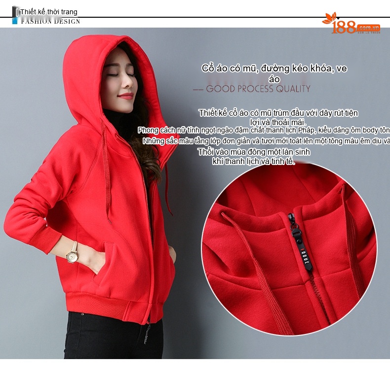 Áo Hoodie Nữ Dáng Rộng Tay Dài Lót Lông Dày Dặn Khóa Kéo Phong Cách Hàn Quốc Màu Đỏ, Xanh Navy chi tiết 2