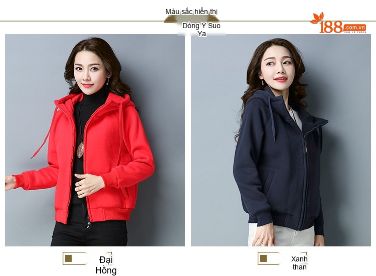 Áo Hoodie Nữ Dáng Rộng Tay Dài Lót Lông Dày Dặn Khóa Kéo Phong Cách Hàn Quốc Màu Đỏ, Xanh Navy chi tiết 7