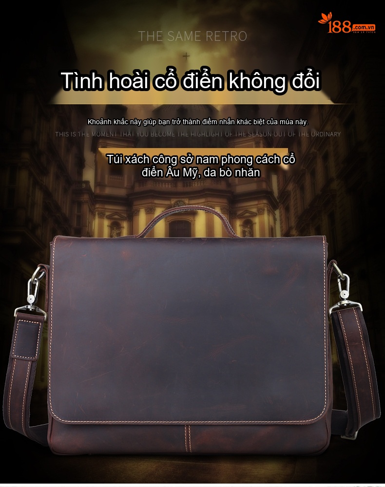 Túi Đeo Chéo/Đeo Vai Nam Da Bò Thật Phong Cách Âu Mỹ Retro Đựng Tài Liệu/Laptop 14 inch Màu Nâu chi tiết 1