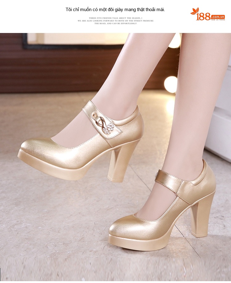Giày Cao Gót Quai Ngang Bề Mặt Da Bóng Chiều Cao Đế Khoảng 7cm Màu Vàng, Đen, Trắng chi tiết 6