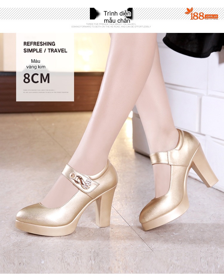 Giày Cao Gót Quai Ngang Bề Mặt Da Bóng Chiều Cao Đế Khoảng 7cm Màu Vàng, Đen, Trắng chi tiết 5