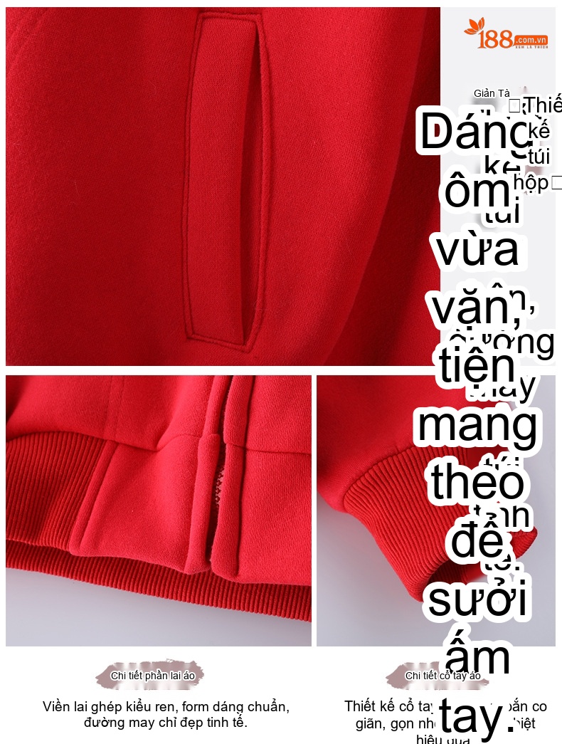 Áo Hoodie Nữ Dáng Rộng Tay Dài Lót Lông Dày Dặn Khóa Kéo Phong Cách Hàn Quốc Màu Đỏ, Xanh Navy chi tiết 3
