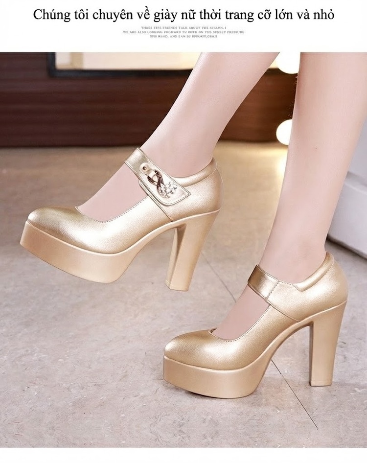 Giày Cao Gót Quai Ngang Bề Mặt Da Bóng Chiều Cao Đế Khoảng 7cm Màu Vàng, Đen, Trắng chi tiết 10