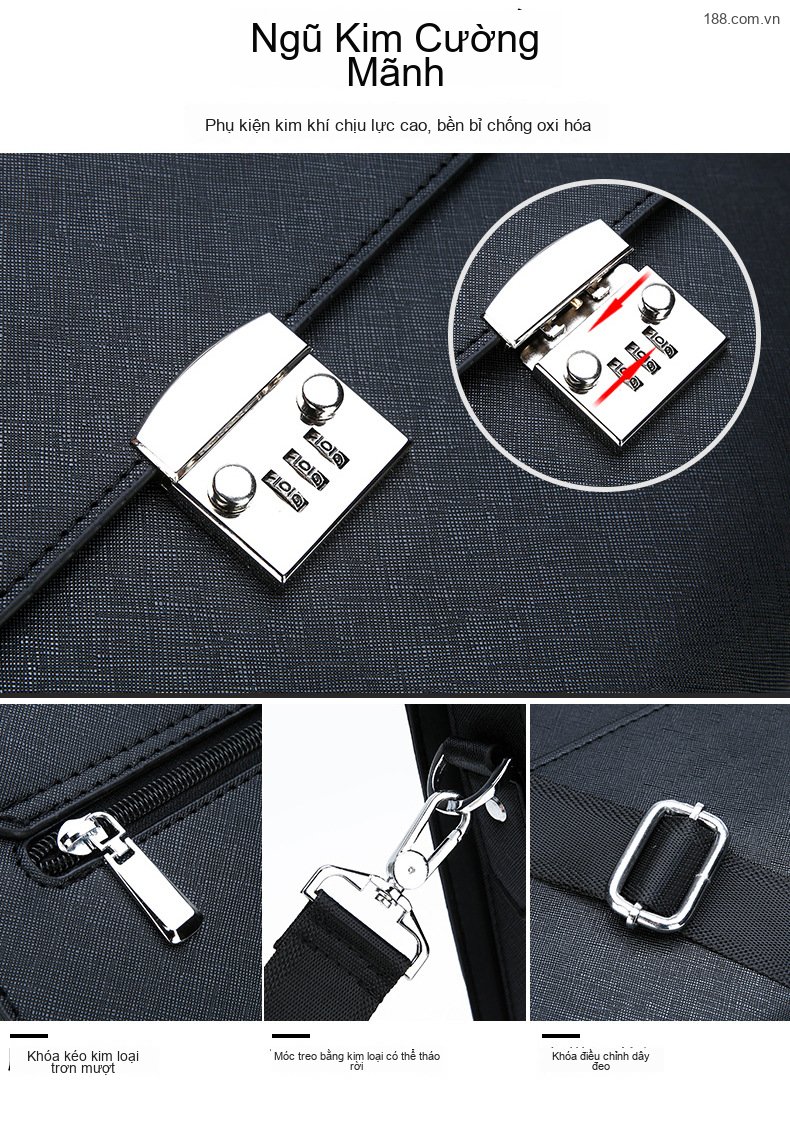 Túi Xách Tay Nam Công Sở Khóa Số Đeo Vai Đựng Laptop Màu Đen chi tiết 6
