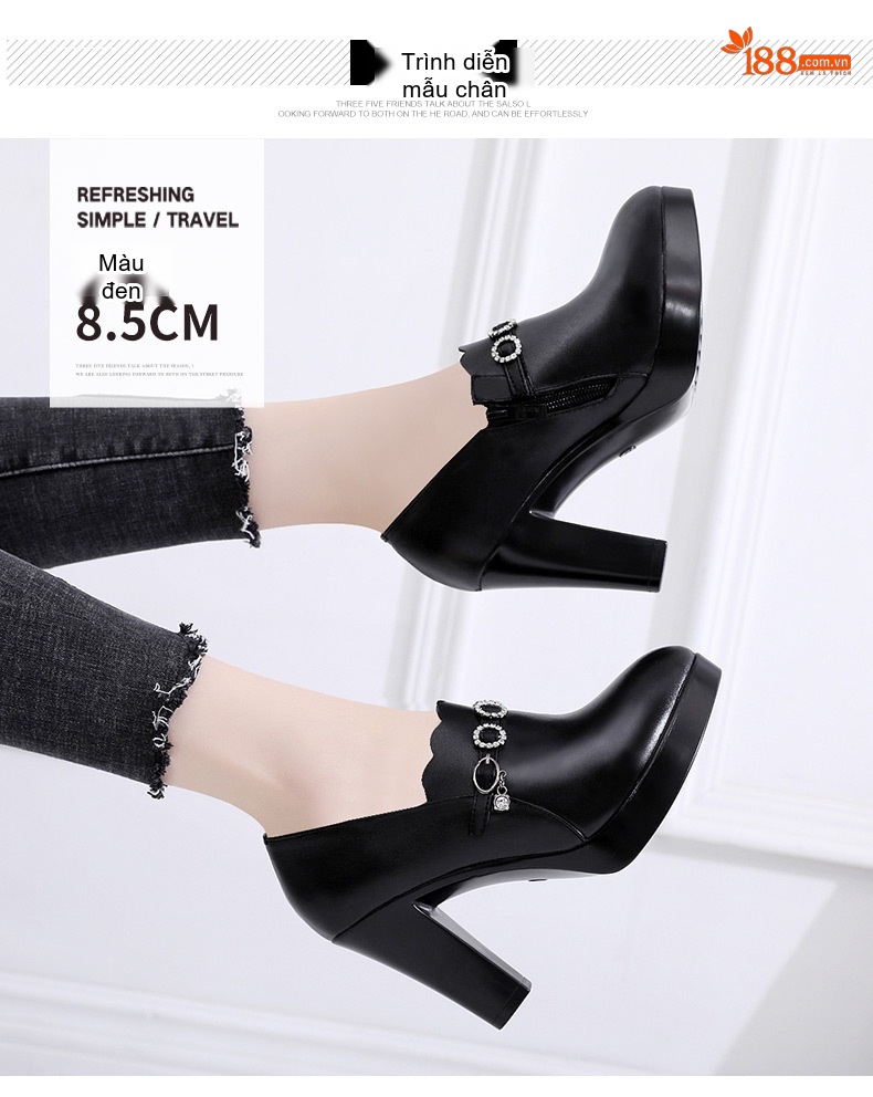 Giày Cao Gót Nữ Da Bóng Đế Xuồng Chiều Cao Đế Khoảng 8cm Màu Đen chi tiết 7