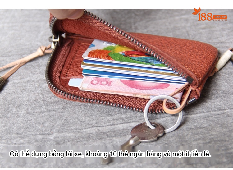 Ví Đựng Thẻ Da Bò Mini Có Khóa Kéo Cầm Tay Vintage Màu Nâu, Đen, Xanh Lá chi tiết 11