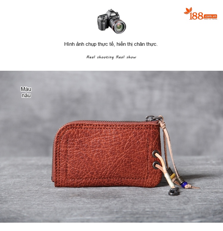 Ví Đựng Thẻ Da Bò Mini Có Khóa Kéo Cầm Tay Vintage Màu Nâu, Đen, Xanh Lá chi tiết 4