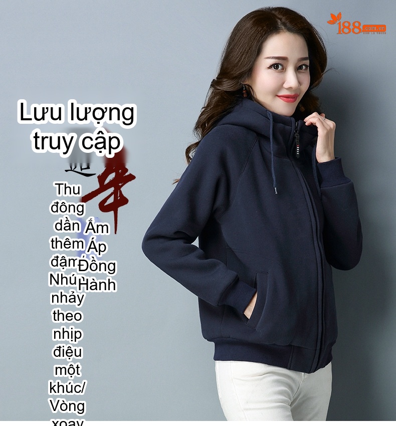 Áo Hoodie Nữ Dáng Rộng Tay Dài Lót Lông Dày Dặn Khóa Kéo Phong Cách Hàn Quốc Màu Đỏ, Xanh Navy chi tiết 1