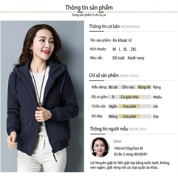 Áo Hoodie Nữ Dáng Rộng Tay Dài Lót Lông Dày Dặn Khóa Kéo Phong Cách Hàn Quốc Màu Đỏ, Xanh Navy chi tiết 6