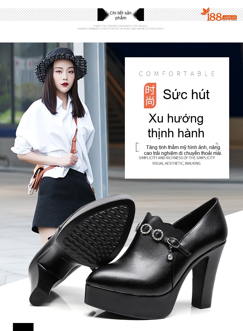 Giày Cao Gót Nữ Da Bóng Đế Xuồng Chiều Cao Đế Khoảng 8cm Màu Đen chi tiết 4