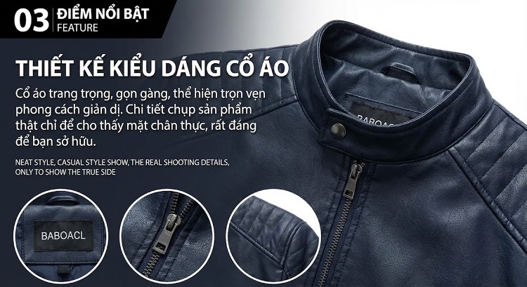 Áo khoác da nam biker da bóng lót lông chi tiết 7