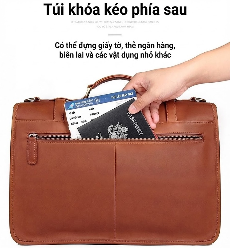 Cặp Công Sở Nam Da Thật Phong Cách Anh Túi Đựng Laptop Da Bò Sáp Màu Nâu chi tiết 9