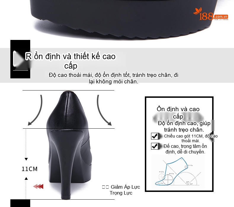 Giày Cao Gót Nữ Mũi Nhọn Chiều Cao Đế 11cm Da Bóng Màu Đen, Trắng, Đỏ chi tiết 6