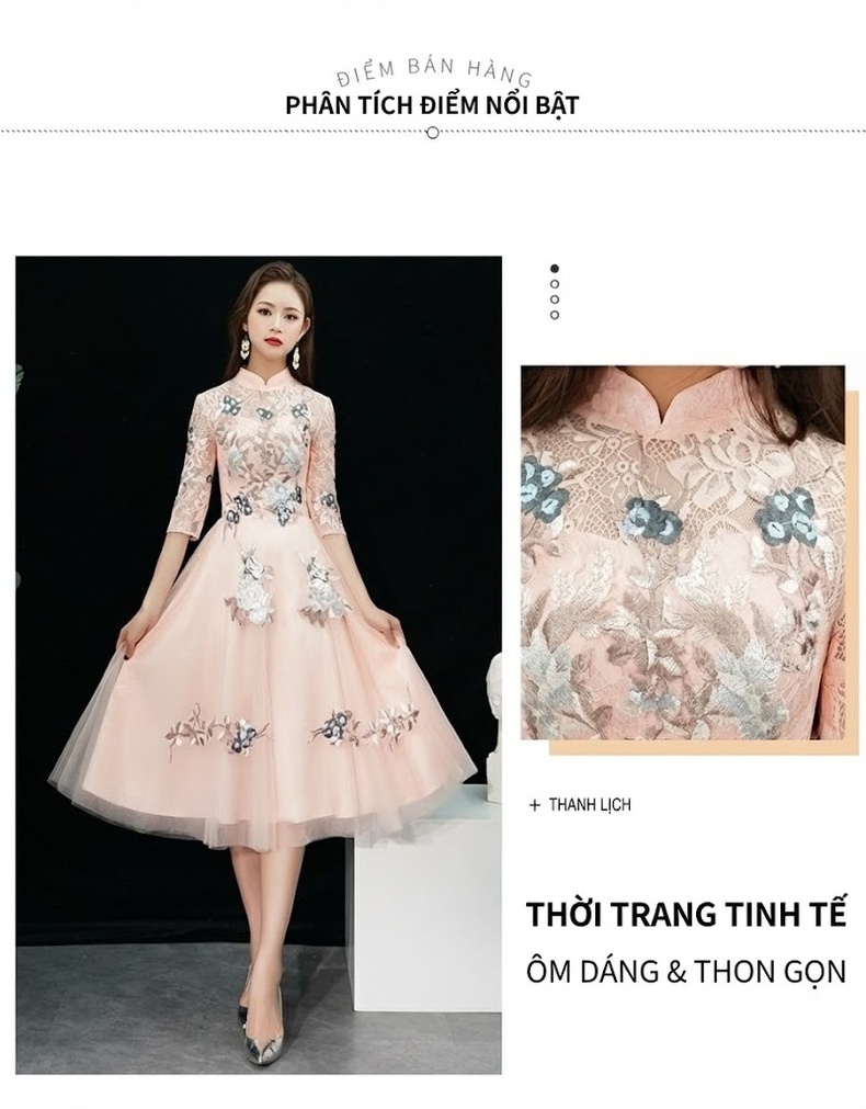 Váy Dạ Hội Cổ Tàu dáng chữ A Thêu Hoa Thanh Lịch chi tiết 3
