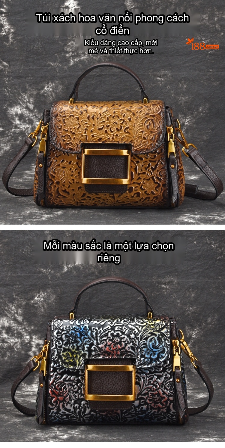 Túi Đeo Vai Nữ Da Bò Thật Dập Hoa Cầm Tay Đeo Chéo Phong Cách Retro Màu Nâu chi tiết 1