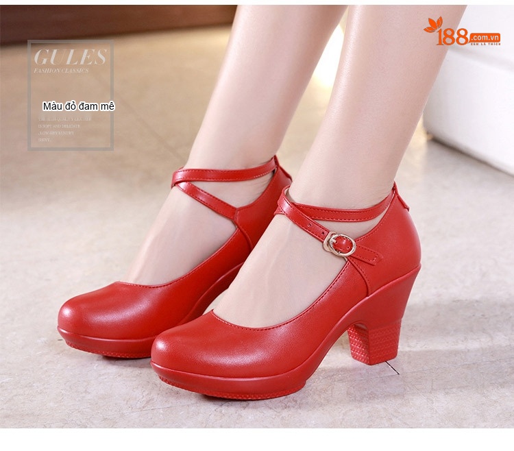 Giày Cao Gót Nữ Quai Ngang Da Bóng Chiều Cao Đế Khoảng 6cm Màu Đen, Bạc, Đỏ chi tiết 11
