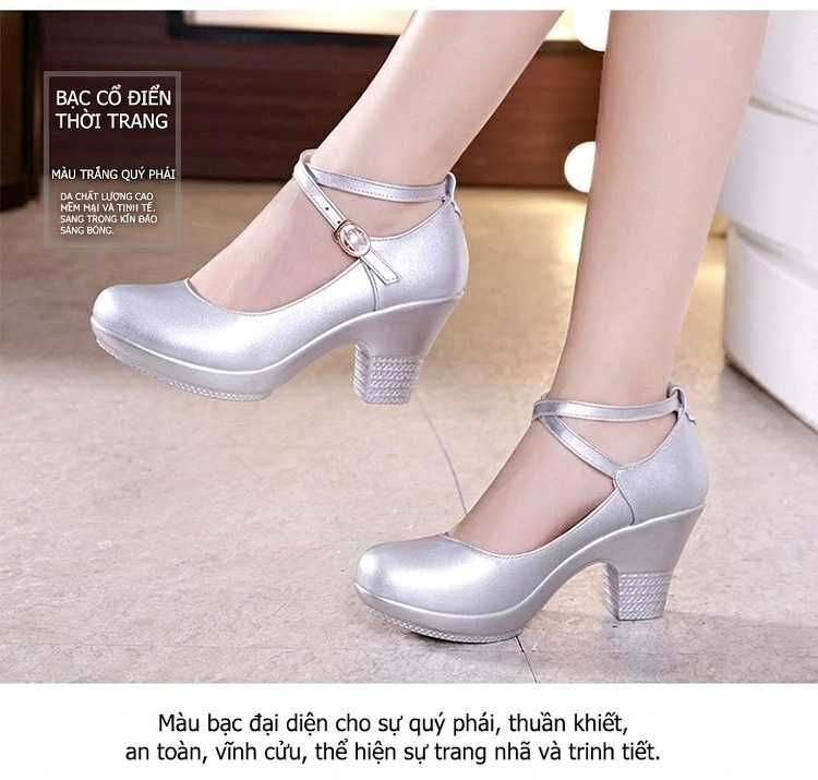 Giày Cao Gót Nữ Quai Ngang Da Bóng Chiều Cao Đế Khoảng 6cm Màu Đen, Bạc, Đỏ chi tiết 9
