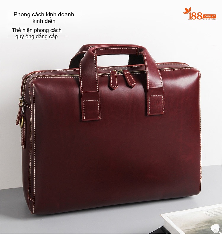 Cặp Công Sở Nam Da Bò Đựng Laptop 15.6 Inch Phong Cách Tối Giản Màu Đỏ Rượu Vang chi tiết 3