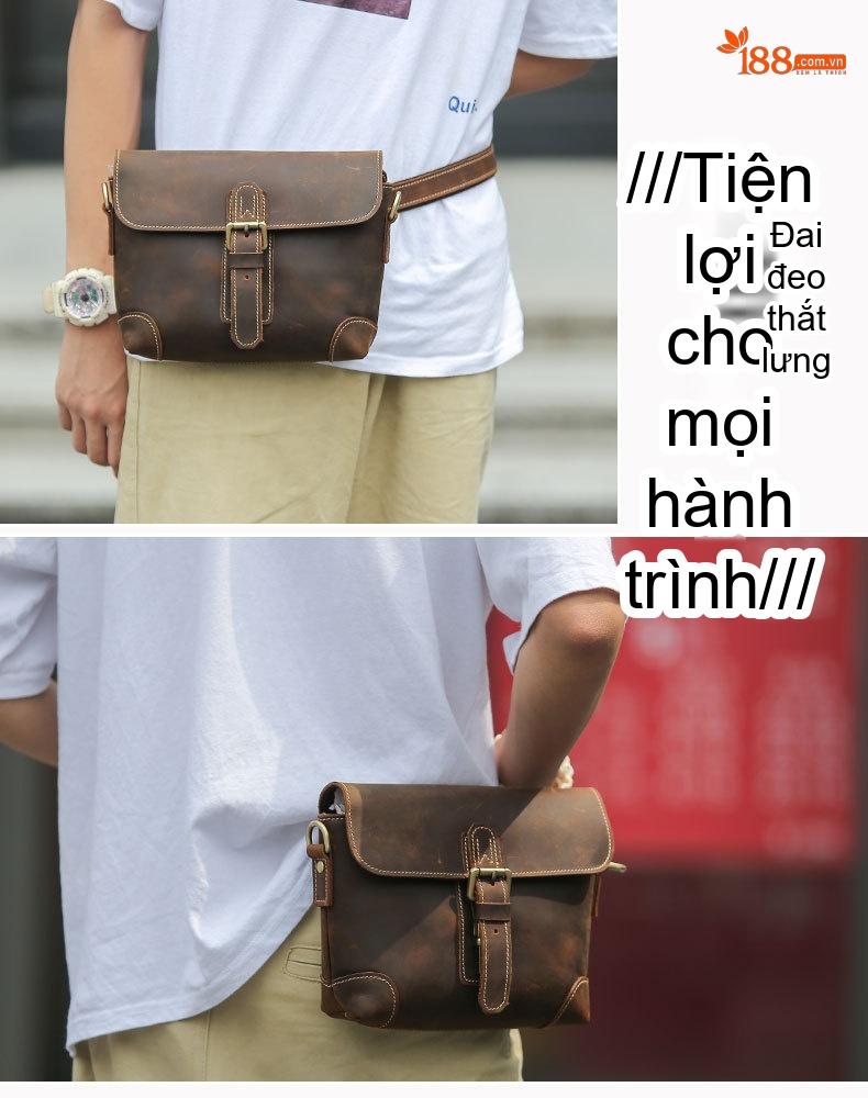 Túi Đeo Hông/Đeo Chéo/Đeo Vai Nam Da Thật Phong Cách Âu Mỹ Cổ Điển Màu Nâu chi tiết 4
