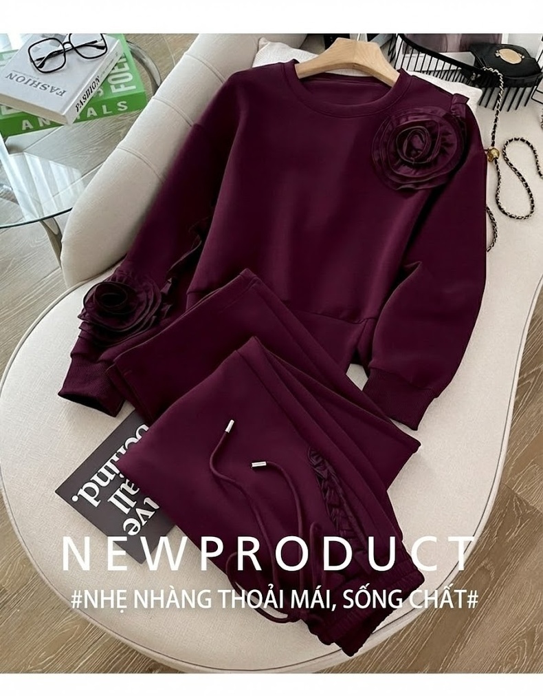 Set Bộ Quần Áo Nữ Thiết Kế Sang Trọng Áo Dài Tay Quần Ống Rộng Phong Cách Thời Trang Màu Đỏ Rượu Vang chi tiết 1