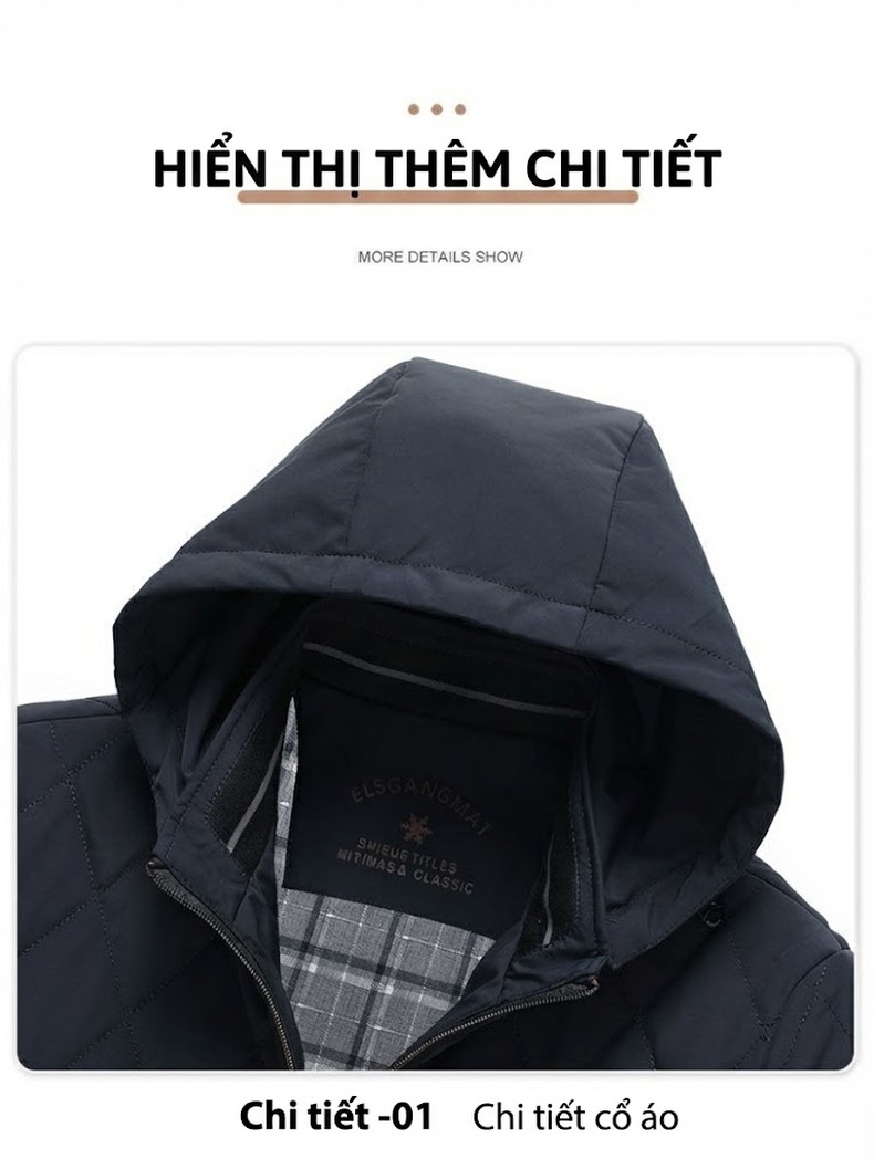 Áo Khoác Bông Nam Có Mũ Trùm Đầu Cotton Lót Lụa Tằm Ngắn Tay Giữ Ấm Màu Đen, Xanh Navy chi tiết 22