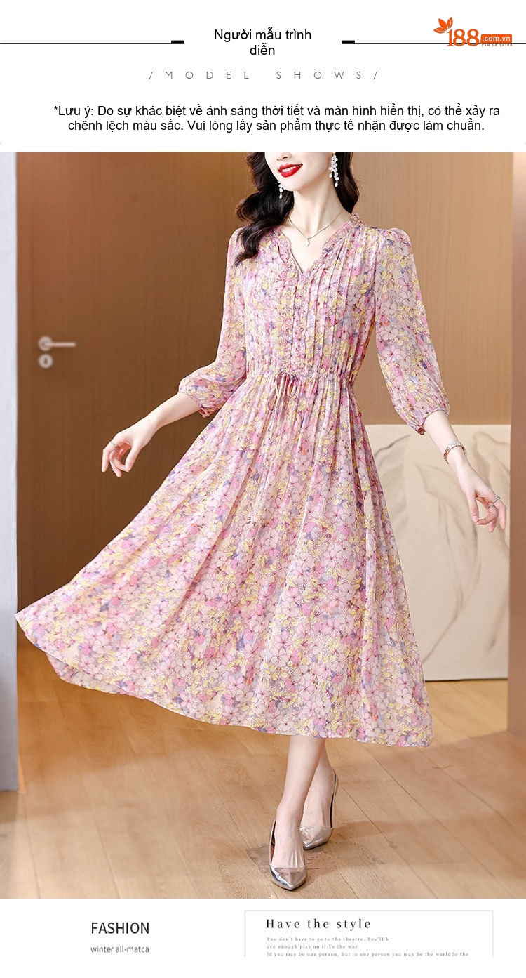 Váy liền thân Nữ Lụa Tằm Tơ Họa Tiết Hoa Nhỏ dáng chữ A Chiết Ly Eo Thon chi tiết 9