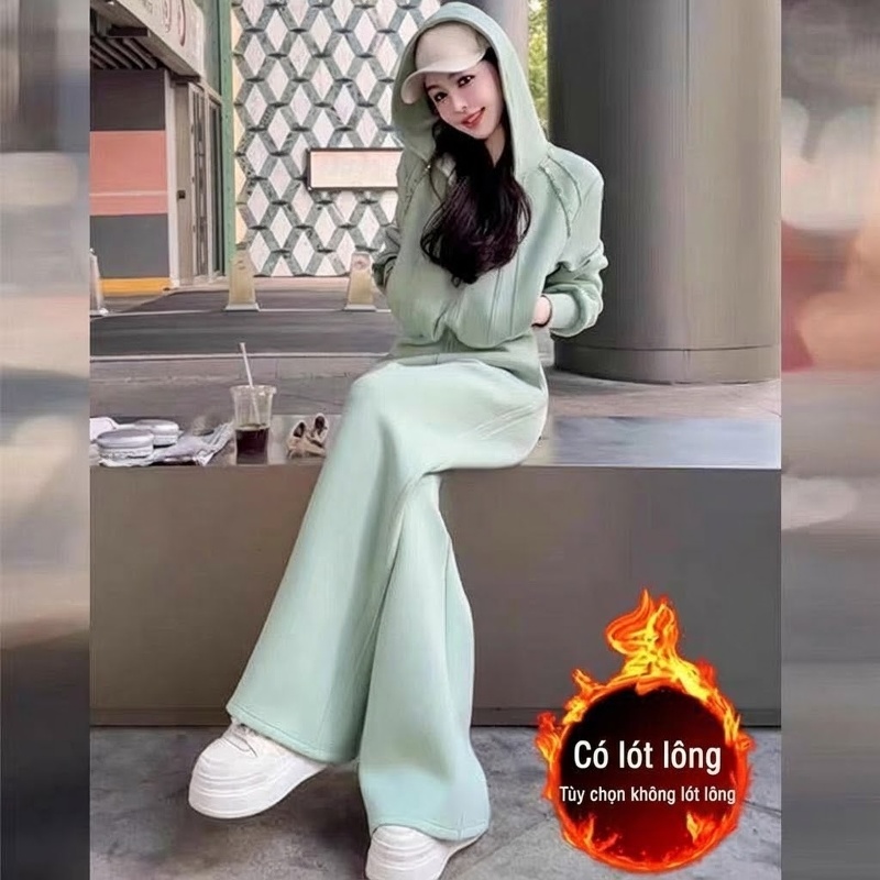 Bộ Đồ Nữ Thu Đông Áo Hoodie Có Mũ Quần Ống Rộng Lưng Cao Kiểu Dáng Thể Thao