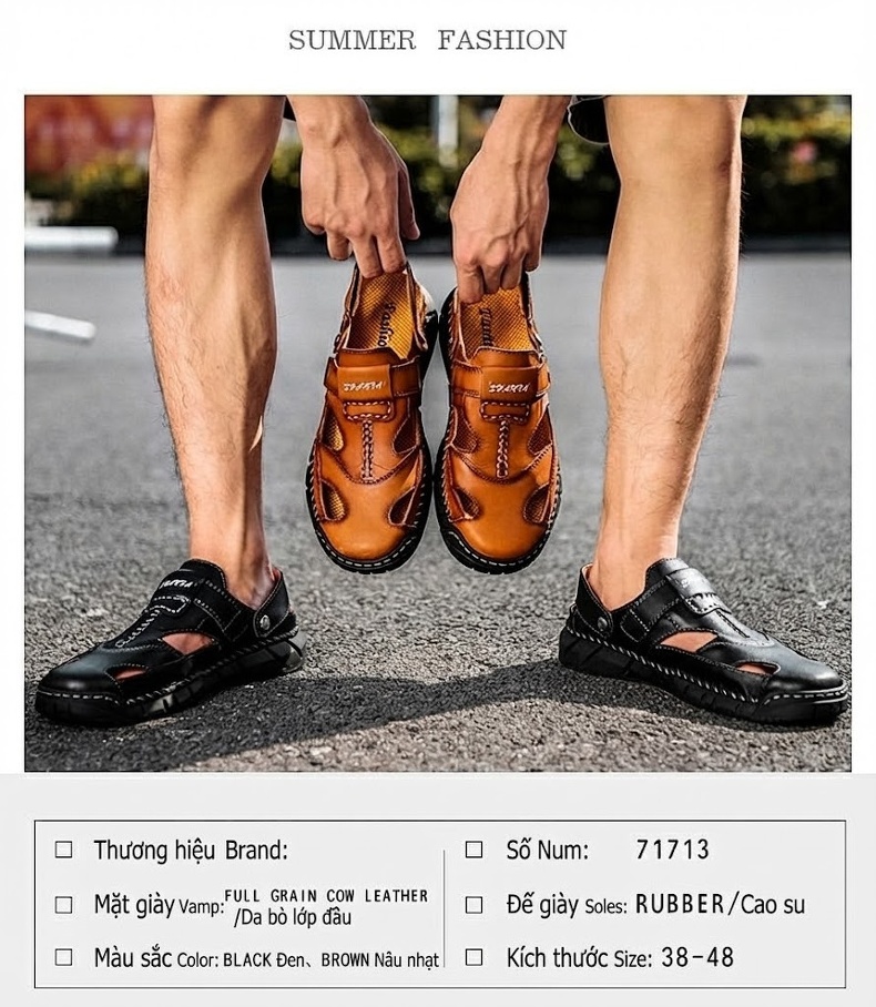 Dép Sandal Nam Da Thật Thoáng Khí Chiều Cao Đế Khoảng 3cm Màu Nâu, Đen chi tiết 4