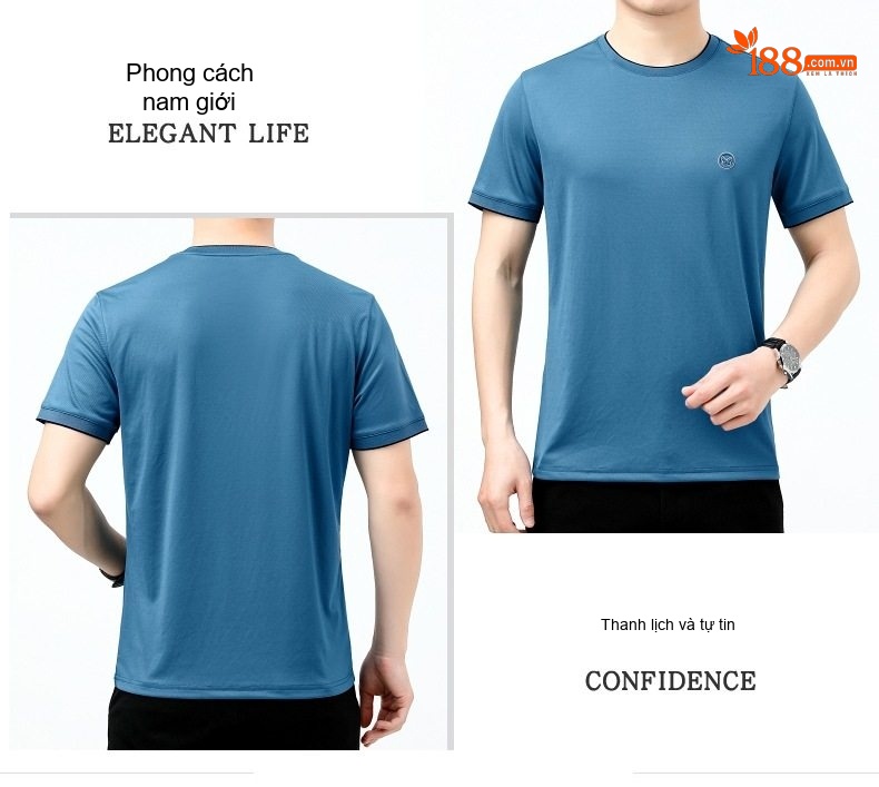 Áo Thun Nam Tay Ngắn Cotton Lụa Cao Cấp Chống Nhăn Màu Tím, Xanh Dương, Xám chi tiết 15