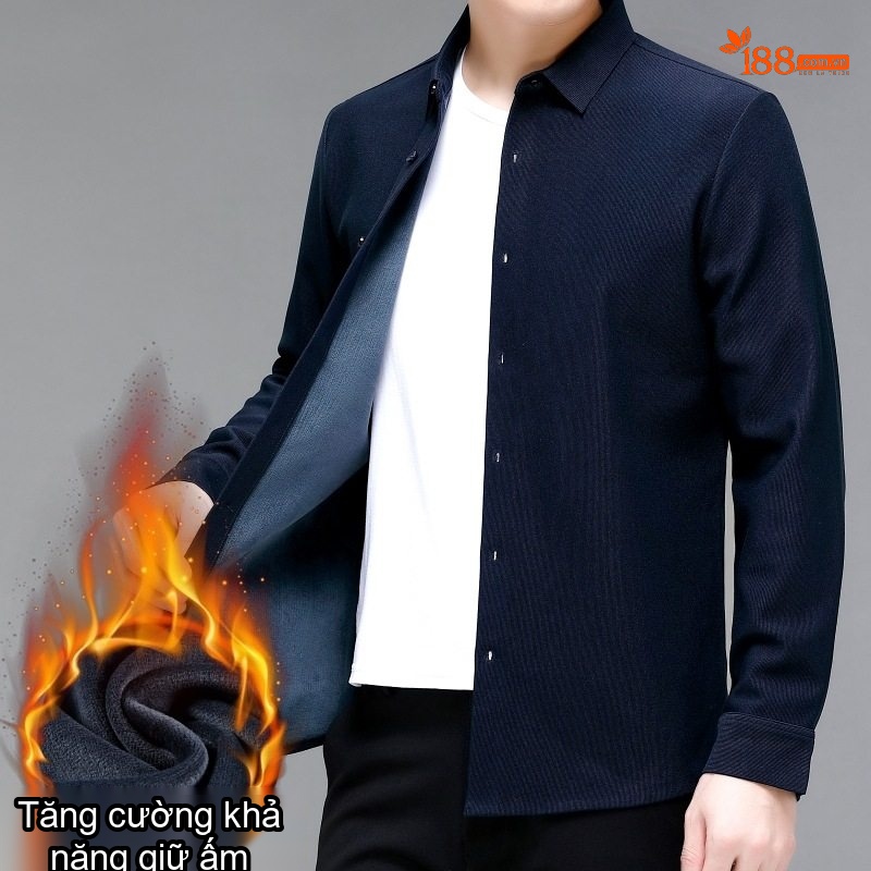 Áo Sơ Mi Nam Vải Lụa Gân Tăm Lót Lông Giữ Ấm Dáng Ôm Vừa Màu Đen, Đỏ Rượu, Xanh Navy
