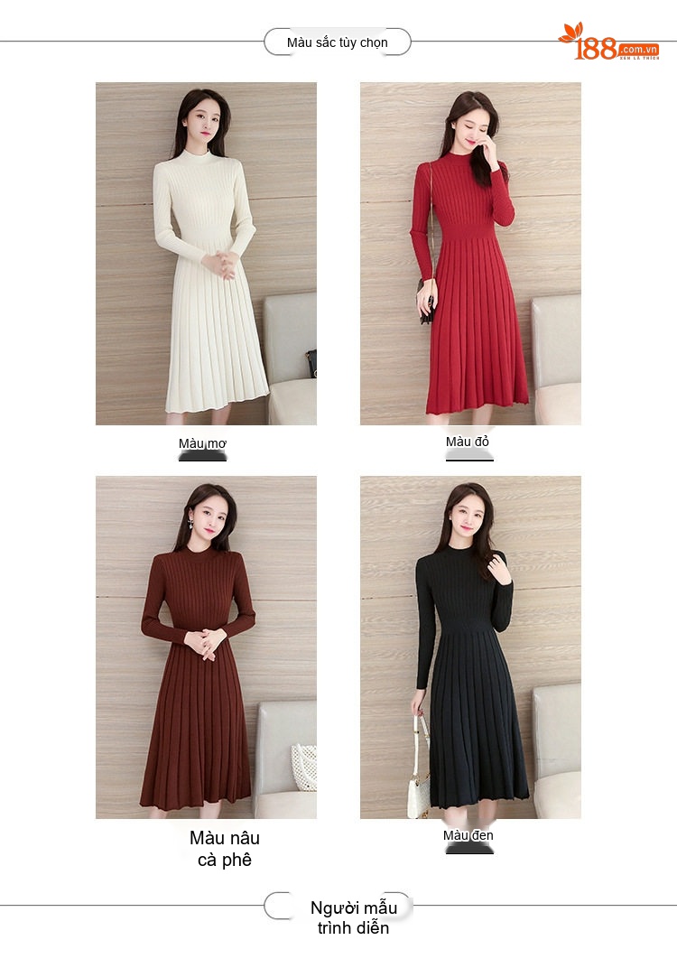 Váy liền thân Nữ Dệt Kim Cổ Lọ Tay Dài Dáng Xòe Màu Đen, Đỏ, Nâu, Trắng chi tiết 8