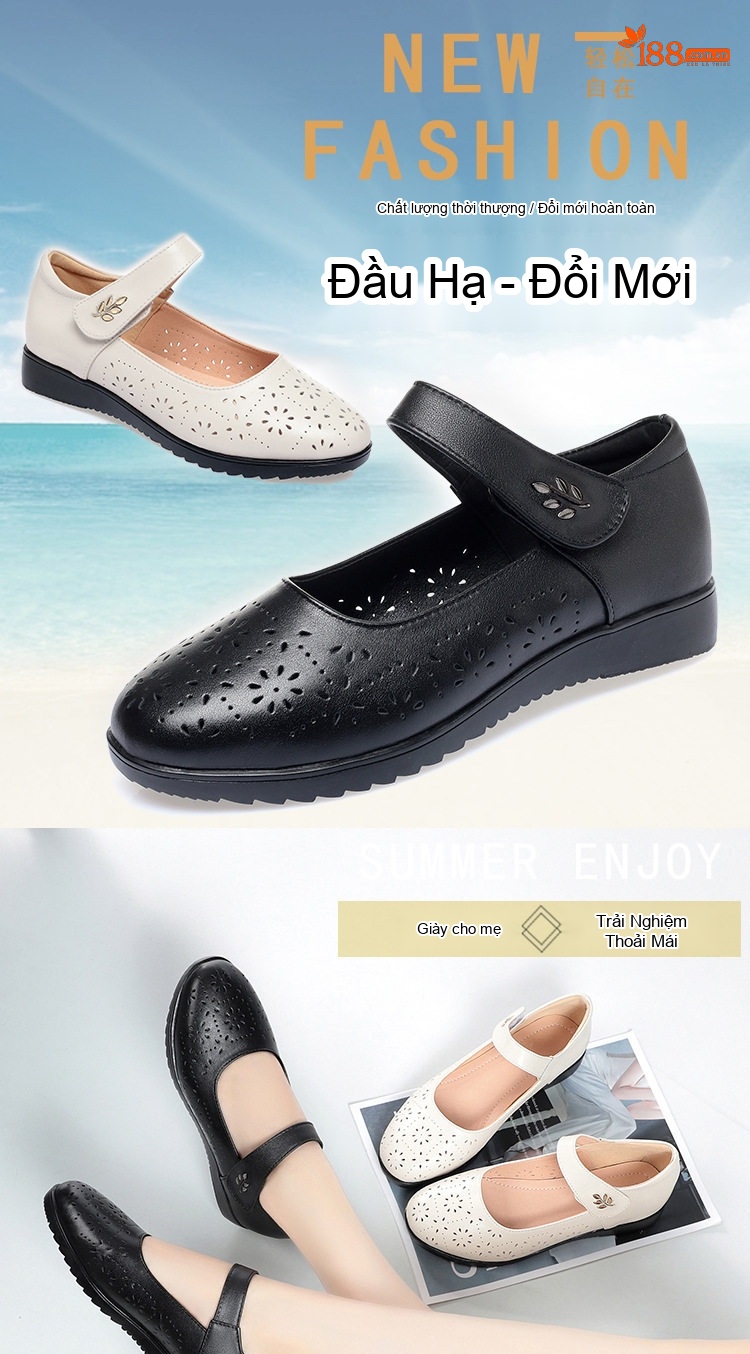 Giày Búp Bê Nữ Da Thật Quai Dán Khoét Lỗ Thoáng Khí Chiều Cao Đế Khoảng 3cm Màu Đen, Kem chi tiết 1