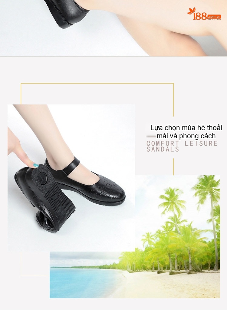 Giày Búp Bê Nữ Da Thật Quai Dán Khoét Lỗ Thoáng Khí Chiều Cao Đế Khoảng 3cm Màu Đen, Kem chi tiết 2