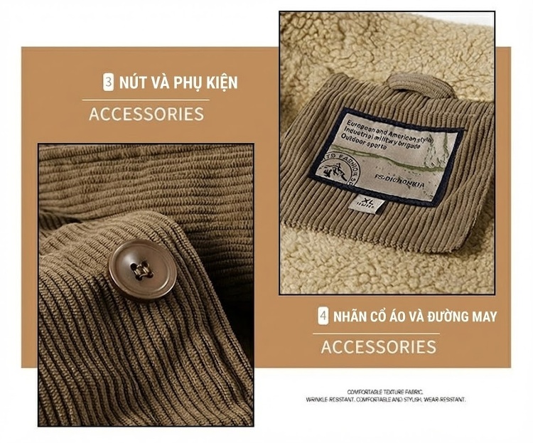 Áo Khoác Bông Nam Dáng Rộng Cổ Bẻ Lót Lông Cừu Non Vải Cotton Gân Màu Đen, Xanh Rêu, Nâu chi tiết 8