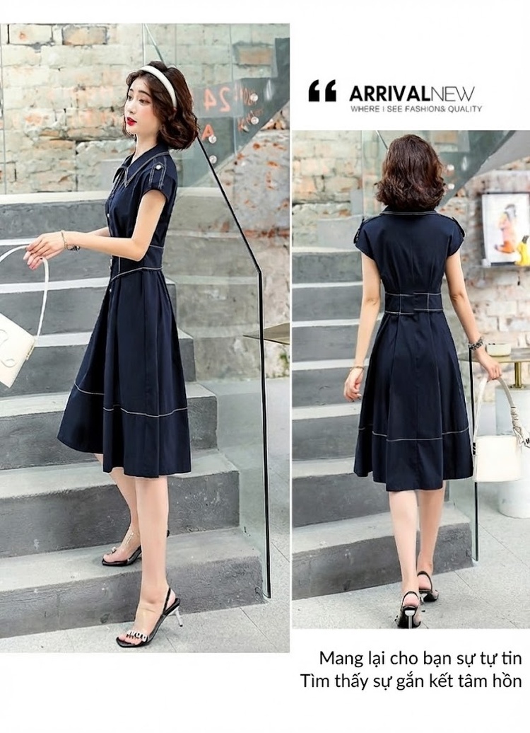Váy Đầm Nữ Tay Ngắn dáng chữ A Chít Eo Thanh Lịch Thời Trang Hàn Quốc Màu Xanh Navy chi tiết 9
