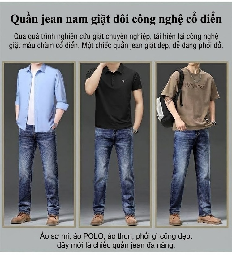 Quần Jean Nam Ống Đứng Co Giãn Vừa Vặn Phong Cách Retro Màu Xanh Denim chi tiết 20