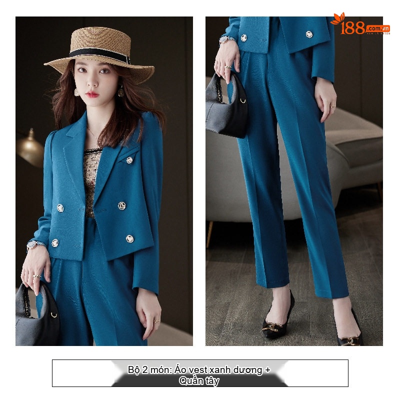 Bộ Vest Nữ Áo Blazer Quần Dài Phong Cách Hàn Quốc Màu Be, Đen, Xanh Dương