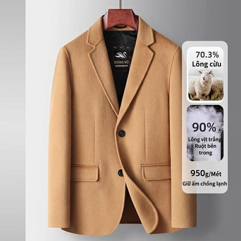 Áo Blazer Nam Len Lông Cừu Áo Vest Công Sở Thu Đông Lót Lông Vũ Màu Be