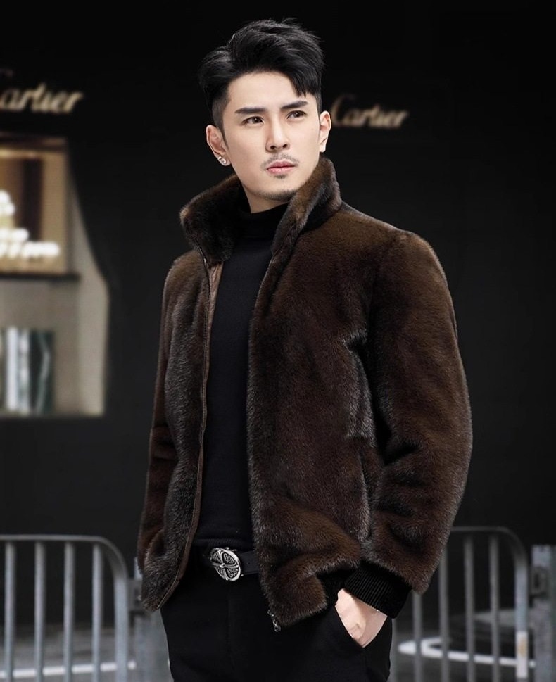 Áo Khoác Bomber Nam Lông Thỏ Giả Dáng Ngắn Giữ Ấm Phong Cách Thời Trang Màu Nâu chi tiết 4