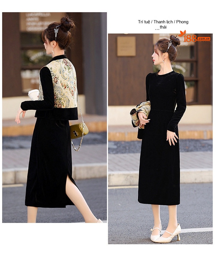 Đầm Trung Niên Dáng Dài Tay Dài Kèm Áo Gile Gấm Thêu Họa Tiết Phong Cách Retro Màu Đen chi tiết 17