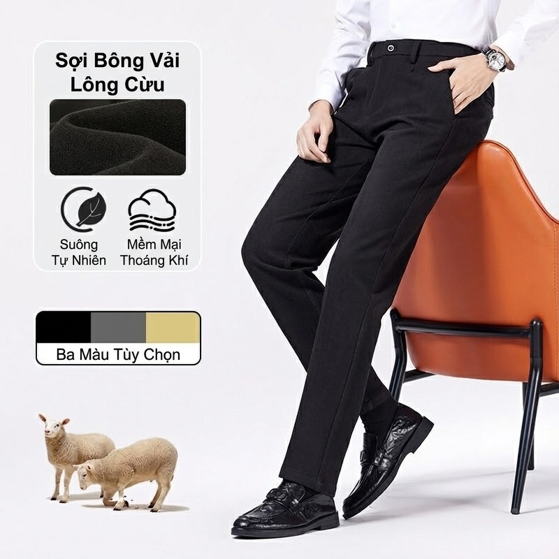 Quần Tây Nam Dáng Thẳng Dài Vải Pha Len Cao Cấp Chống Nhăn Màu Đen, Xám, Be
