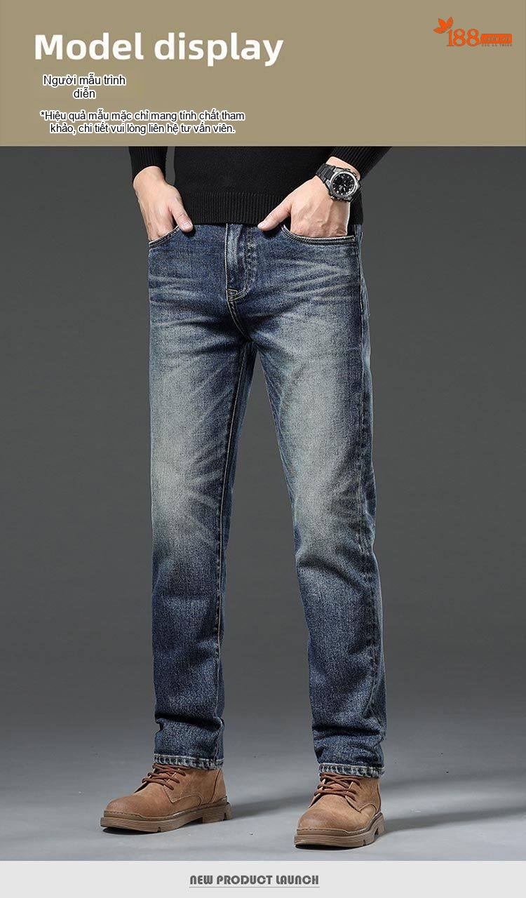 Quần Jean Nam Ống Đứng Co Giãn Vừa Vặn Phong Cách Retro Màu Xanh Denim chi tiết 12