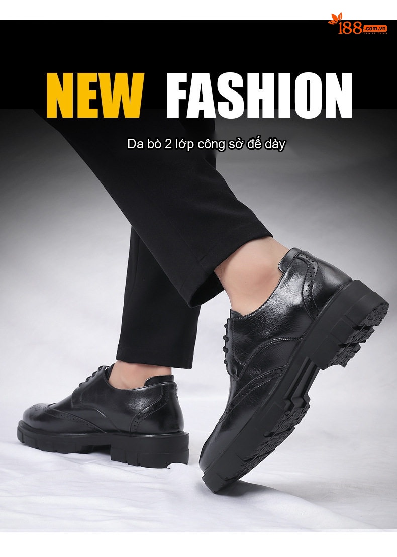 Giày Tây Brogue Tăng Chiều Cao Nam Da Bò Chiều Cao Đế 8cm Màu Đen chi tiết 9