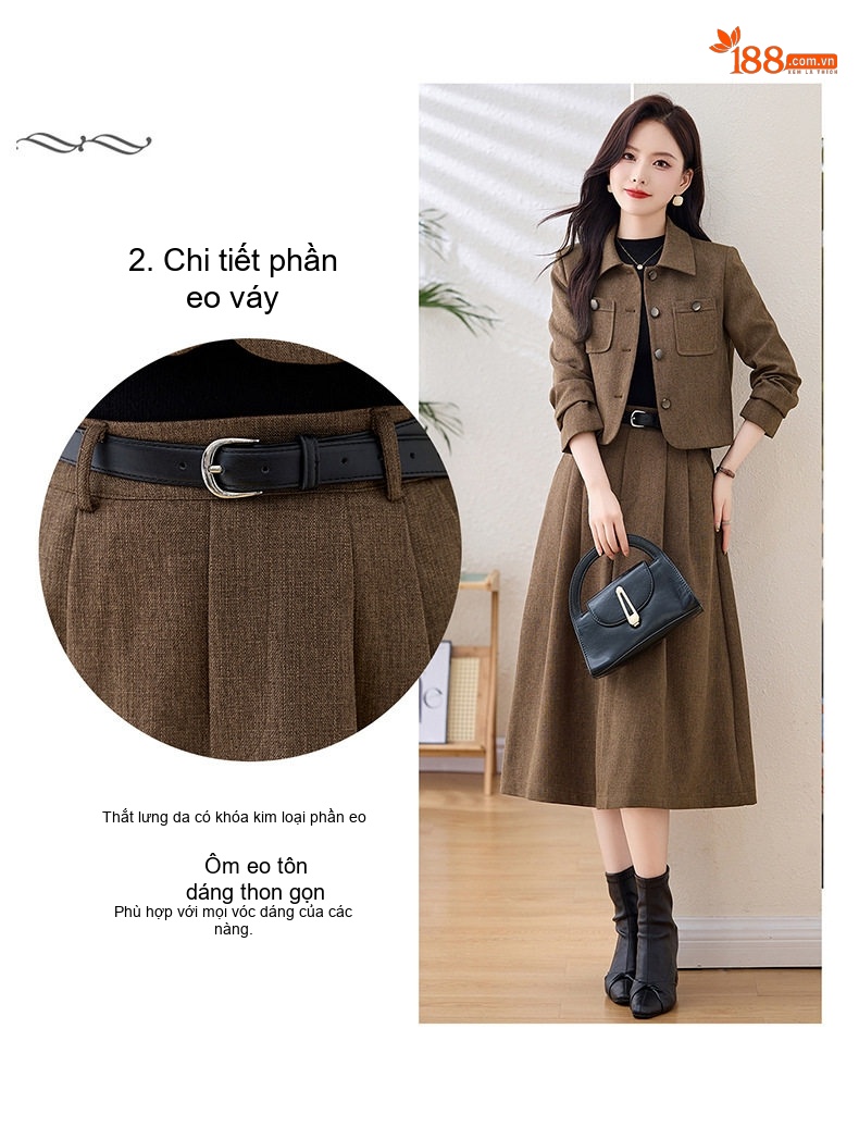 Set Áo Khoác Lửng và Chân Váy Midi Nữ Tính Thu Đông Kèm Thắt Lưng Màu Nâu chi tiết 7