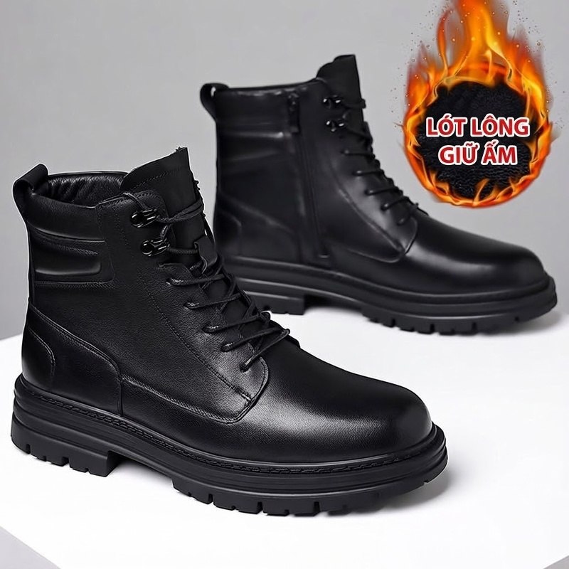 Boot Martin Nam Da Bò dáng chữ Anh Quốc Đế Dày Chiều Cao Đế Khoảng 5cm Màu Đen