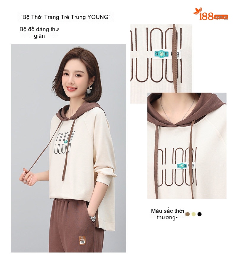 Bộ đồ thể thao nữ dáng nhỏ gọn áo hoodie tay lỡ quần dài chi tiết 11